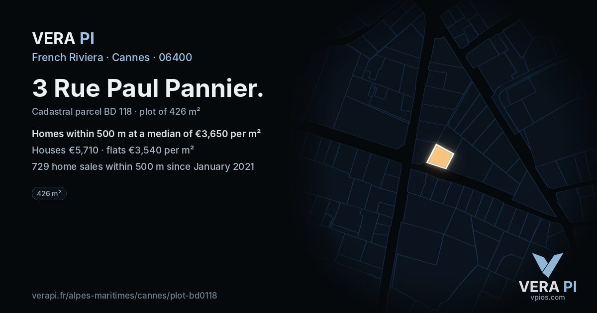 3 Rue Paul Pannier, Cannes at night – the plot lit, the parcels around coloured by the prices near them