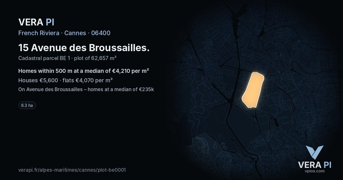 15 Avenue des Broussailles, Cannes at night – the plot lit, the parcels around coloured by the prices near them