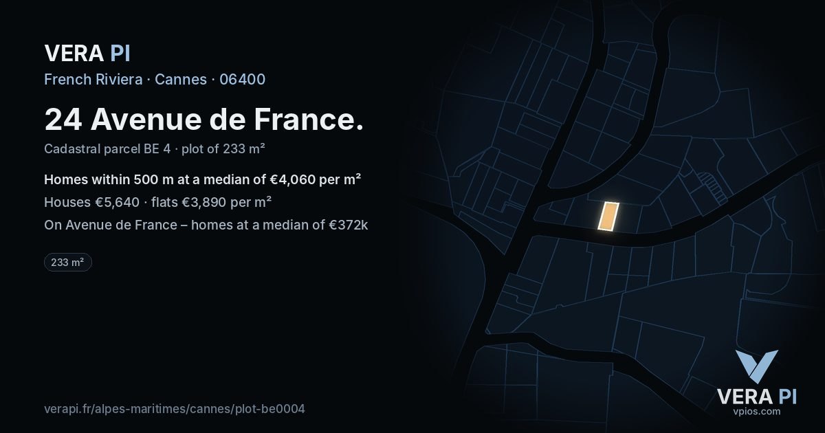 24 Avenue de France, Cannes at night – the plot lit, the parcels around coloured by the prices near them