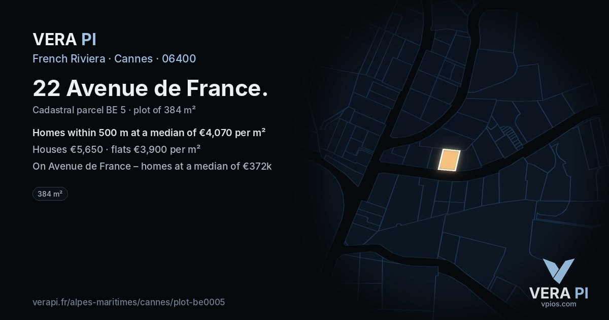 22 Avenue de France, Cannes at night – the plot lit, the parcels around coloured by the prices near them