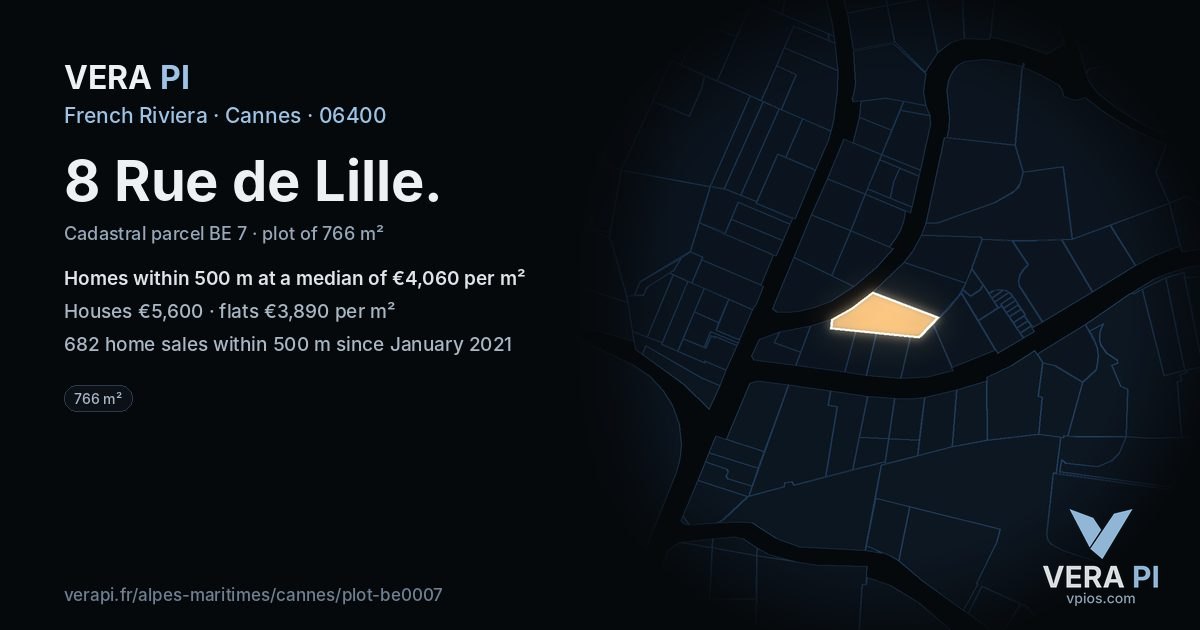 8 Rue de Lille, Cannes at night – the plot lit, the parcels around coloured by the prices near them