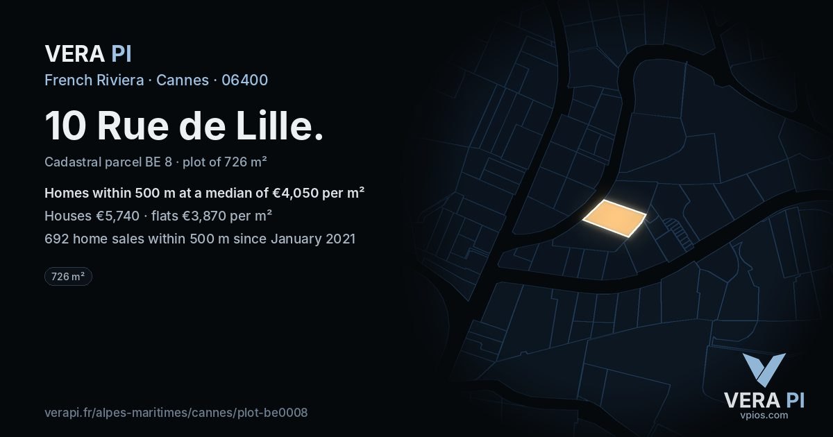 10 Rue de Lille, Cannes at night – the plot lit, the parcels around coloured by the prices near them