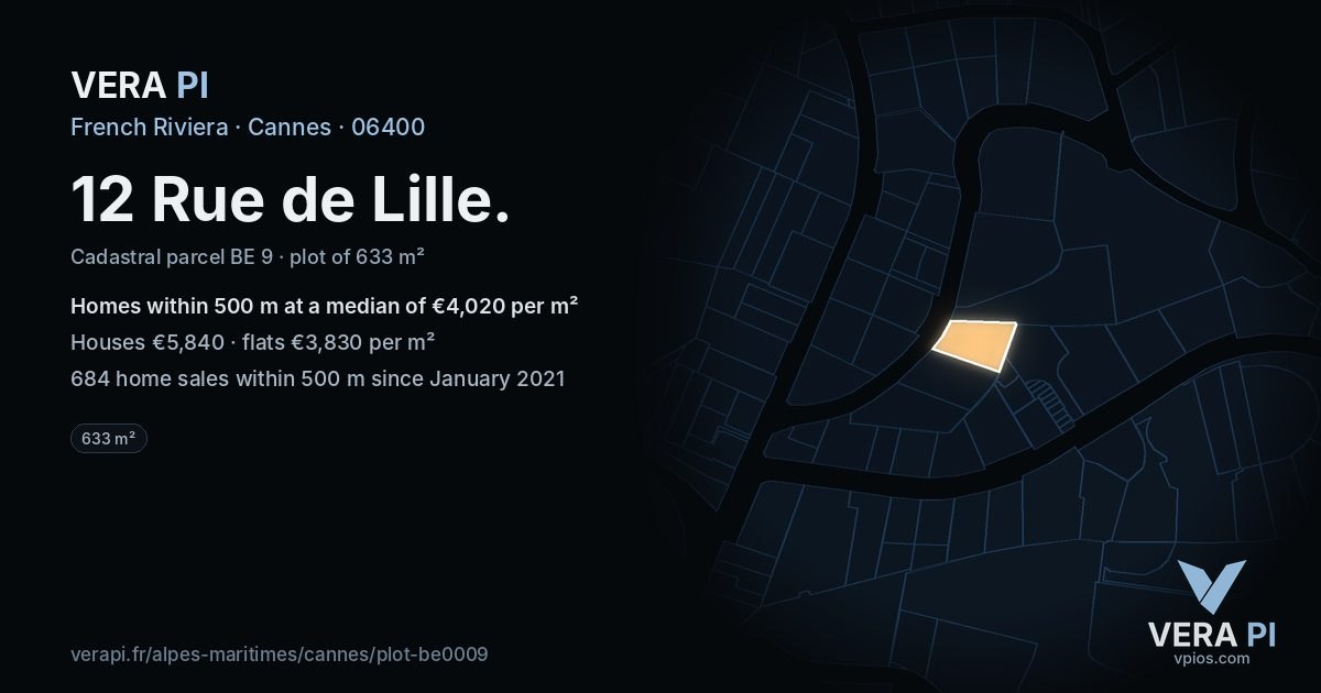 12 Rue de Lille, Cannes at night – the plot lit, the parcels around coloured by the prices near them