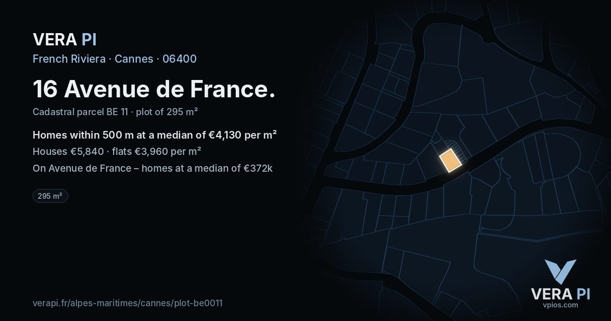 16 Avenue de France, Cannes at night – the plot lit, the parcels around coloured by the prices near them