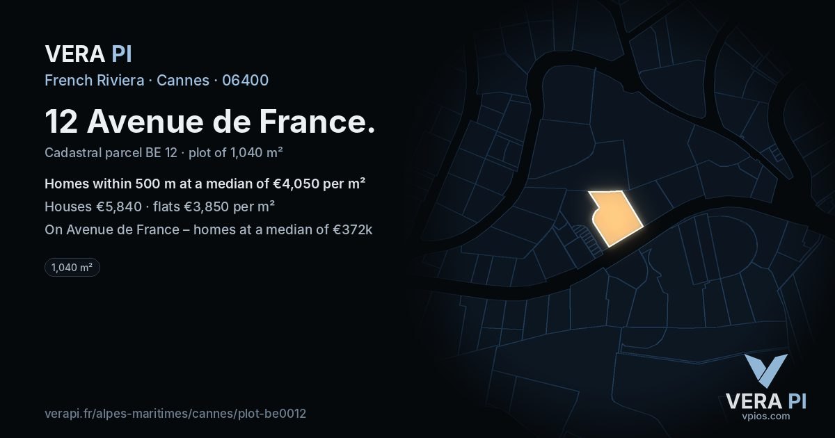 12 Avenue de France, Cannes at night – the plot lit, the parcels around coloured by the prices near them