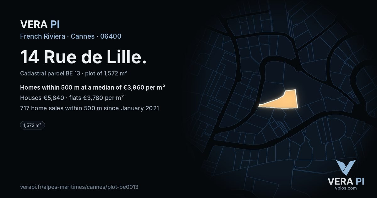 14 Rue de Lille, Cannes at night – the plot lit, the parcels around coloured by the prices near them
