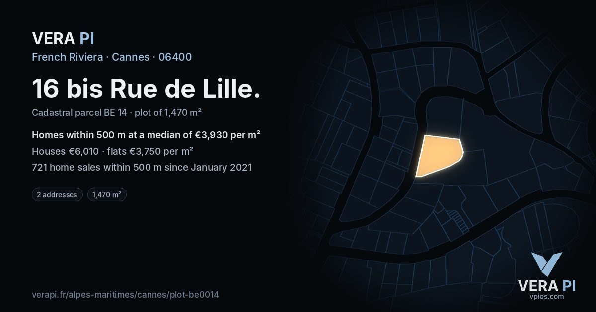 16 bis Rue de Lille, Cannes at night – the plot lit, the parcels around coloured by the prices near them
