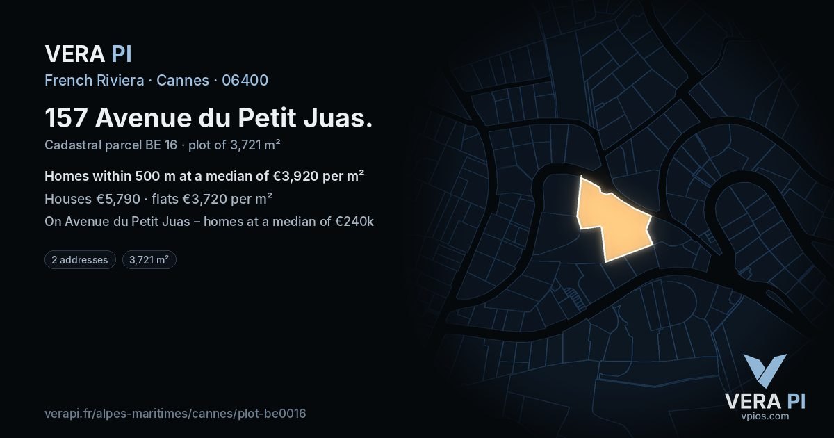 157 Avenue du Petit Juas, Cannes at night – the plot lit, the parcels around coloured by the prices near them