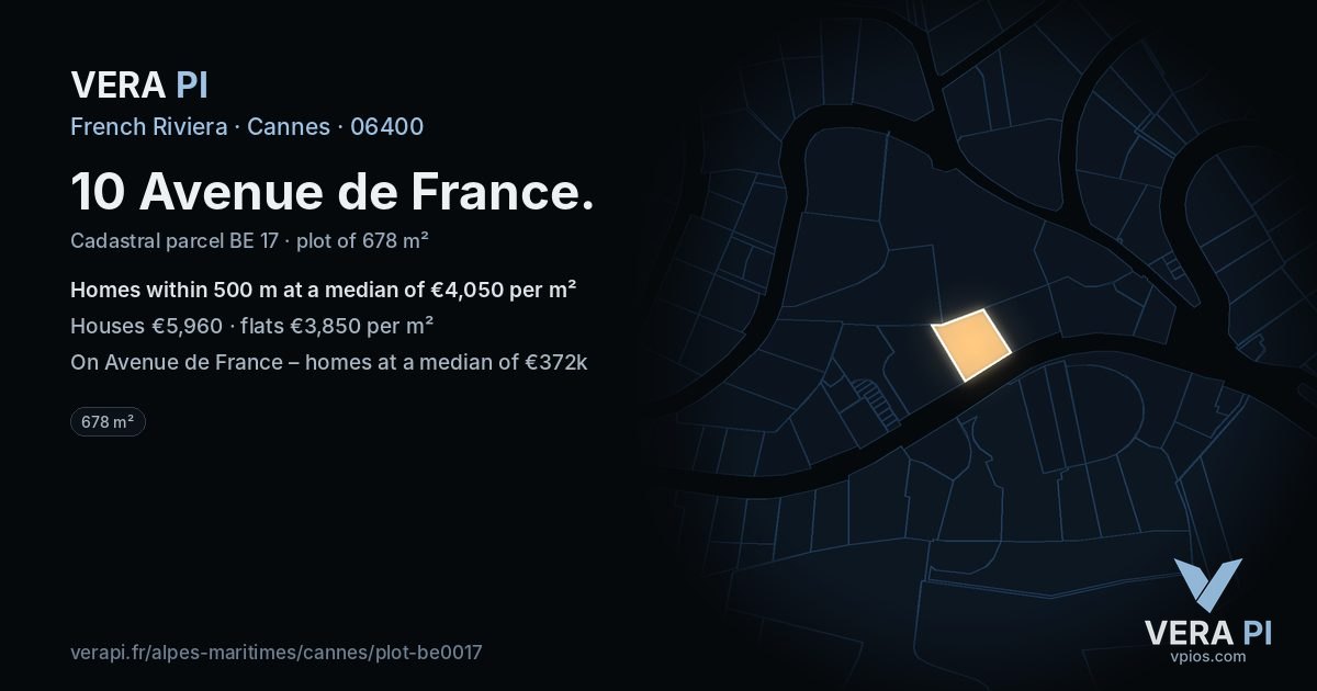 10 Avenue de France, Cannes at night – the plot lit, the parcels around coloured by the prices near them