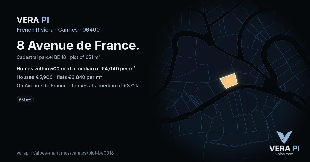 8 Avenue de France, Cannes at night – the plot lit, the parcels around coloured by the prices near them