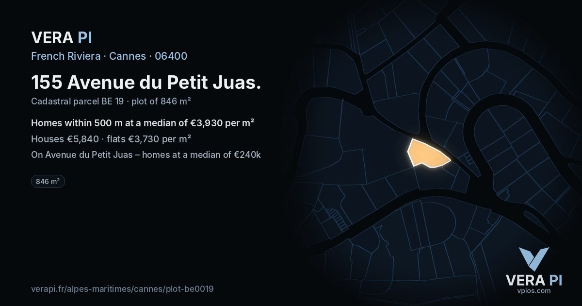 155 Avenue du Petit Juas, Cannes at night – the plot lit, the parcels around coloured by the prices near them