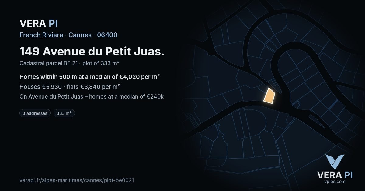 149 Avenue du Petit Juas, Cannes at night – the plot lit, the parcels around coloured by the prices near them