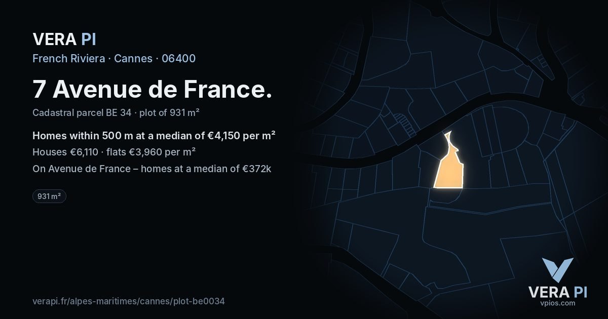 7 Avenue de France, Cannes at night – the plot lit, the parcels around coloured by the prices near them