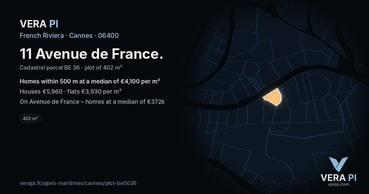 11 Avenue de France, Cannes at night – the plot lit, the parcels around coloured by the prices near them