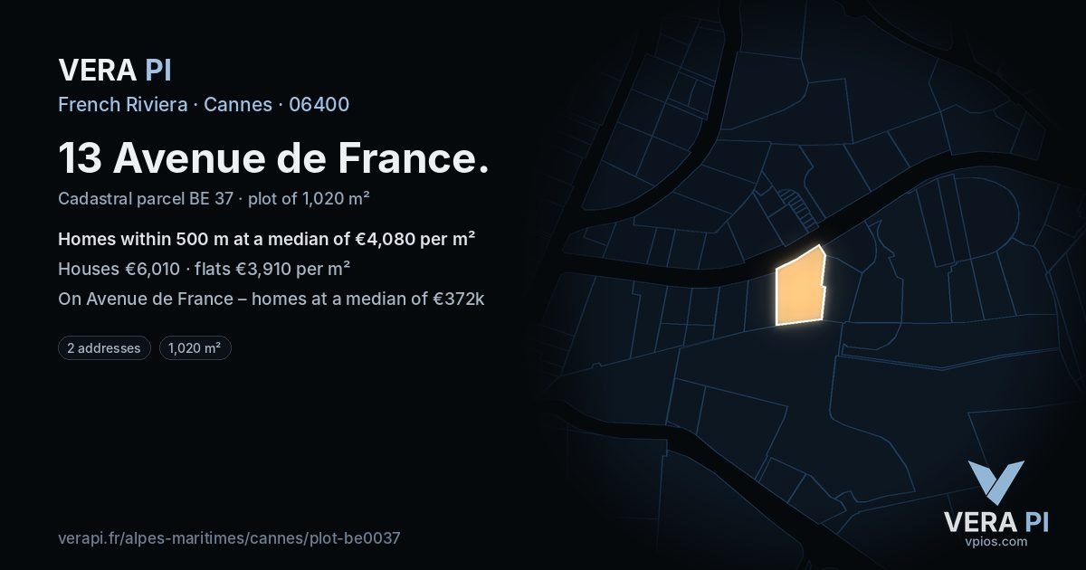 13 Avenue de France, Cannes at night – the plot lit, the parcels around coloured by the prices near them