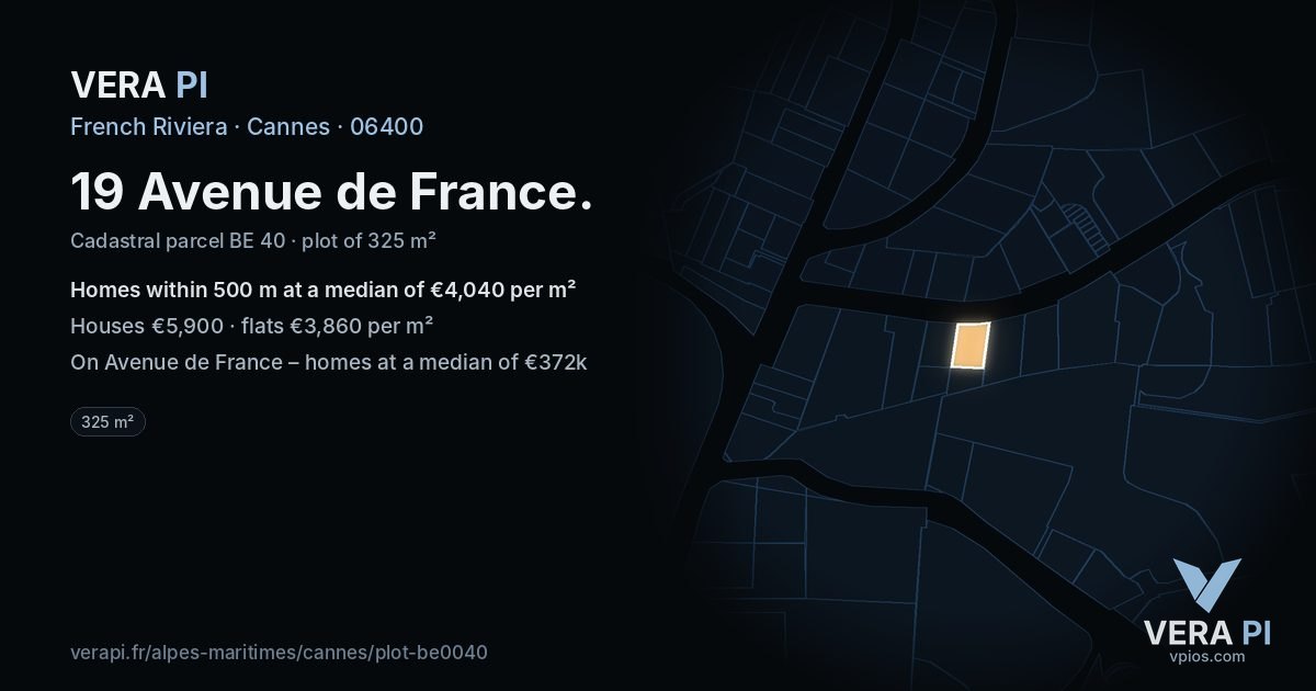19 Avenue de France, Cannes at night – the plot lit, the parcels around coloured by the prices near them