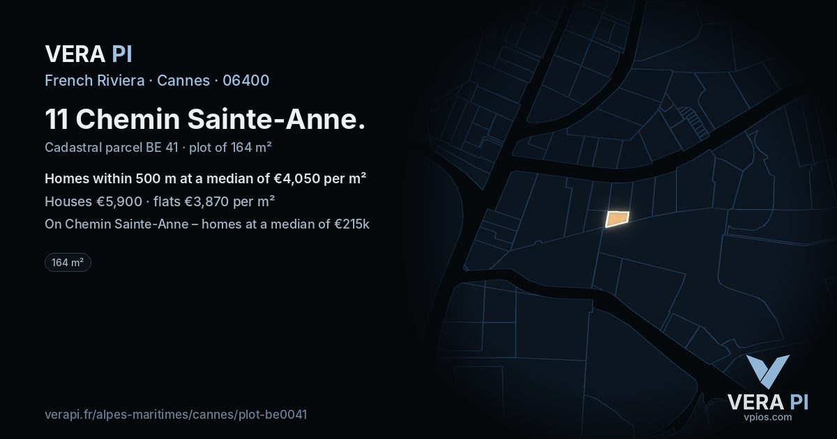 11 Chemin Sainte-Anne, Cannes at night – the plot lit, the parcels around coloured by the prices near them