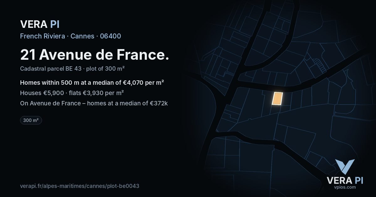 21 Avenue de France, Cannes at night – the plot lit, the parcels around coloured by the prices near them