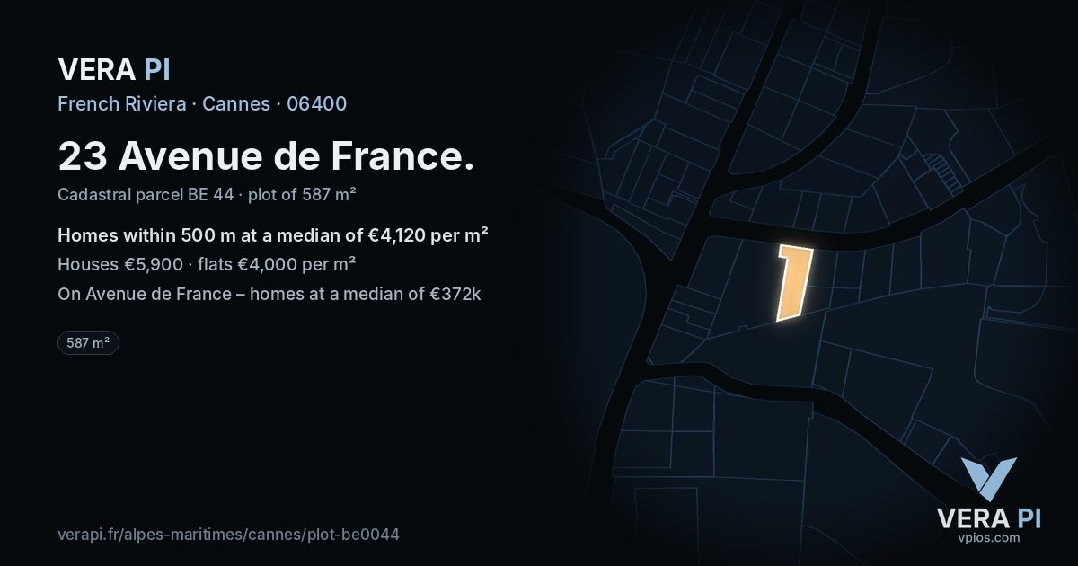 23 Avenue de France, Cannes at night – the plot lit, the parcels around coloured by the prices near them