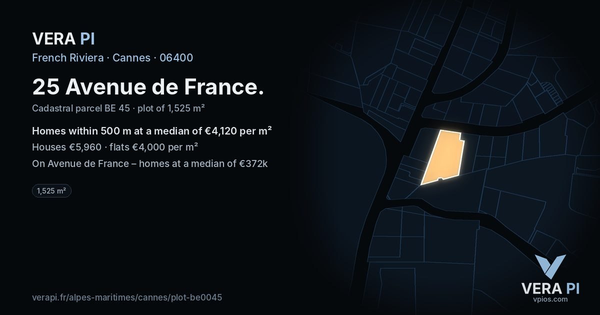 25 Avenue de France, Cannes at night – the plot lit, the parcels around coloured by the prices near them