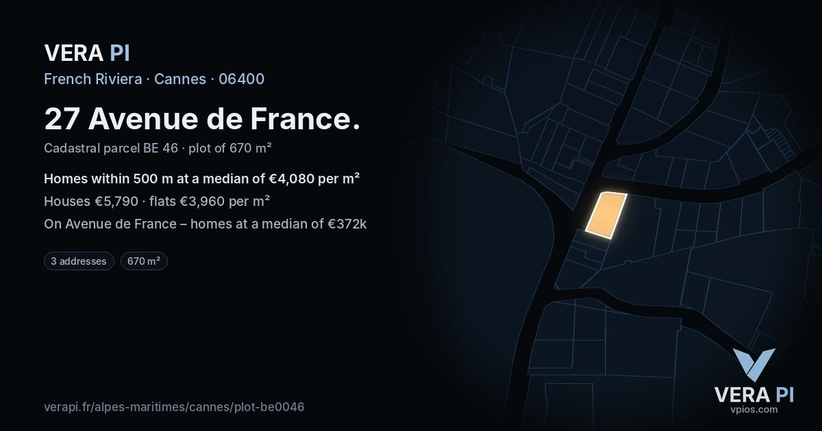 27 Avenue de France, Cannes at night – the plot lit, the parcels around coloured by the prices near them