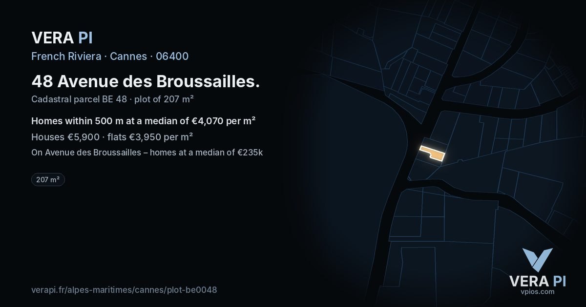 48 Avenue des Broussailles, Cannes at night – the plot lit, the parcels around coloured by the prices near them