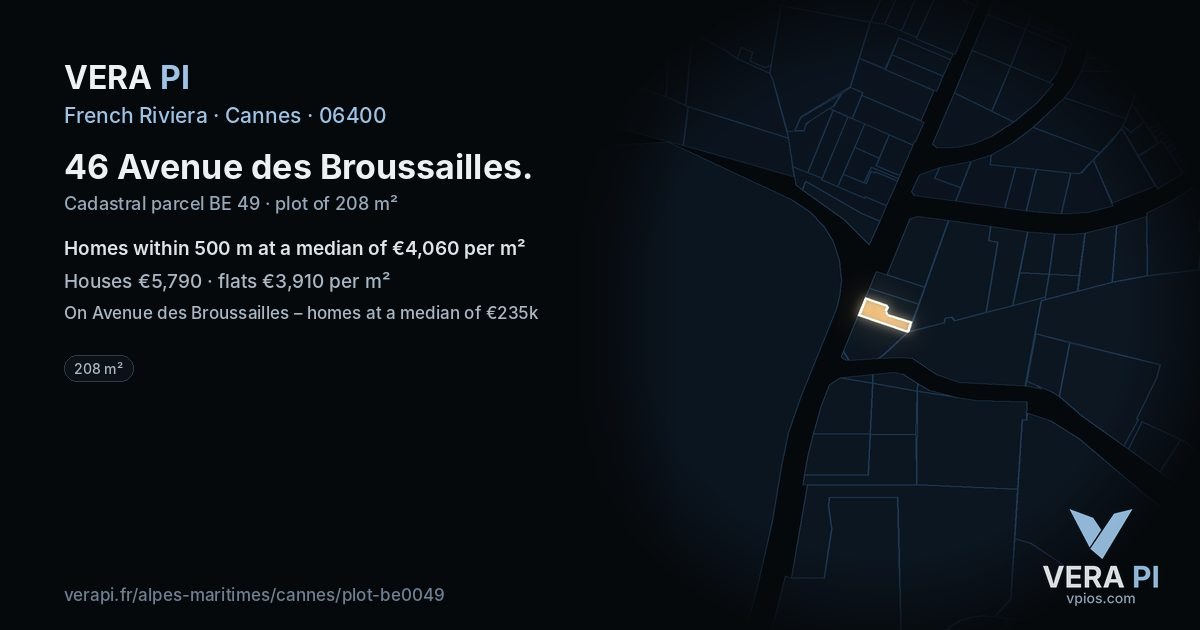 46 Avenue des Broussailles, Cannes at night – the plot lit, the parcels around coloured by the prices near them