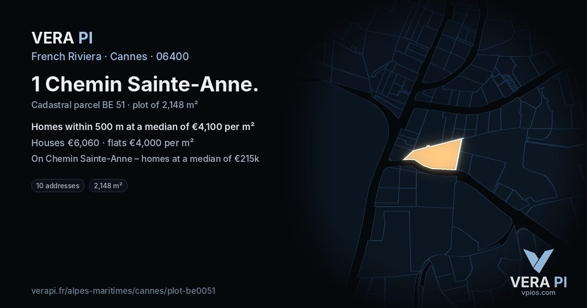 1 Chemin Sainte-Anne, Cannes at night – the plot lit, the parcels around coloured by the prices near them