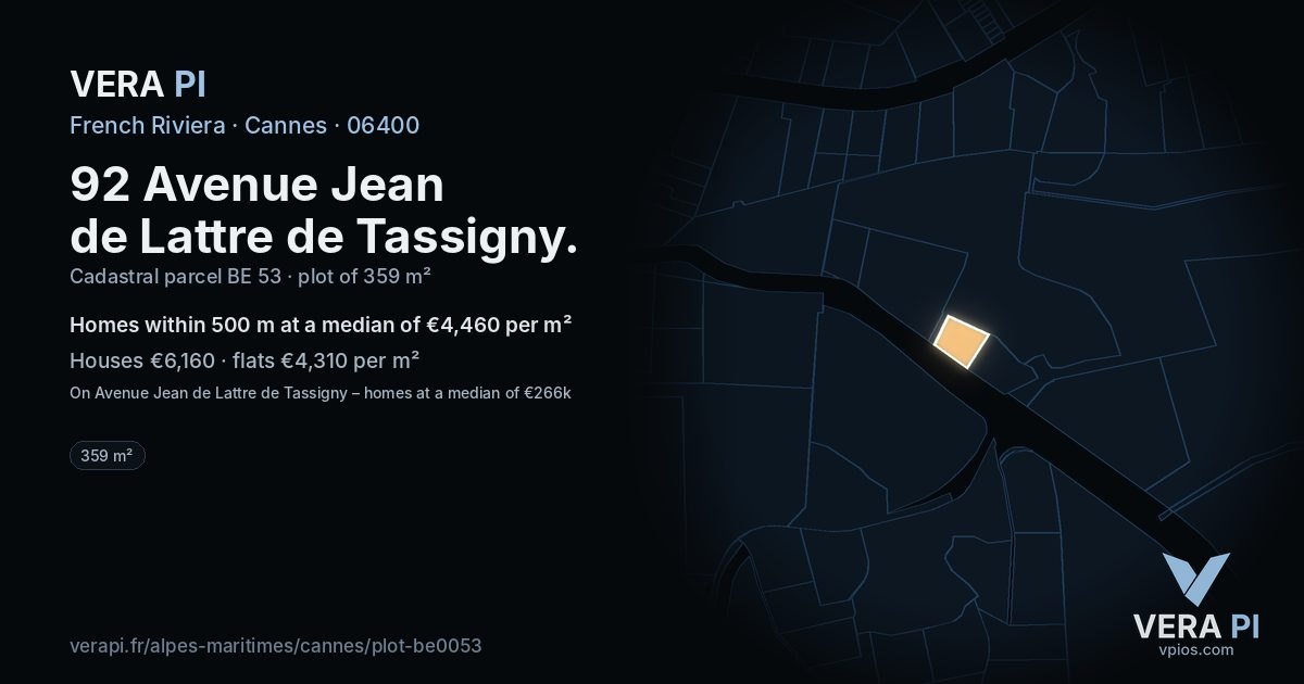 92 Avenue Jean de Lattre de Tassigny, Cannes at night – the plot lit, the parcels around coloured by the prices near them