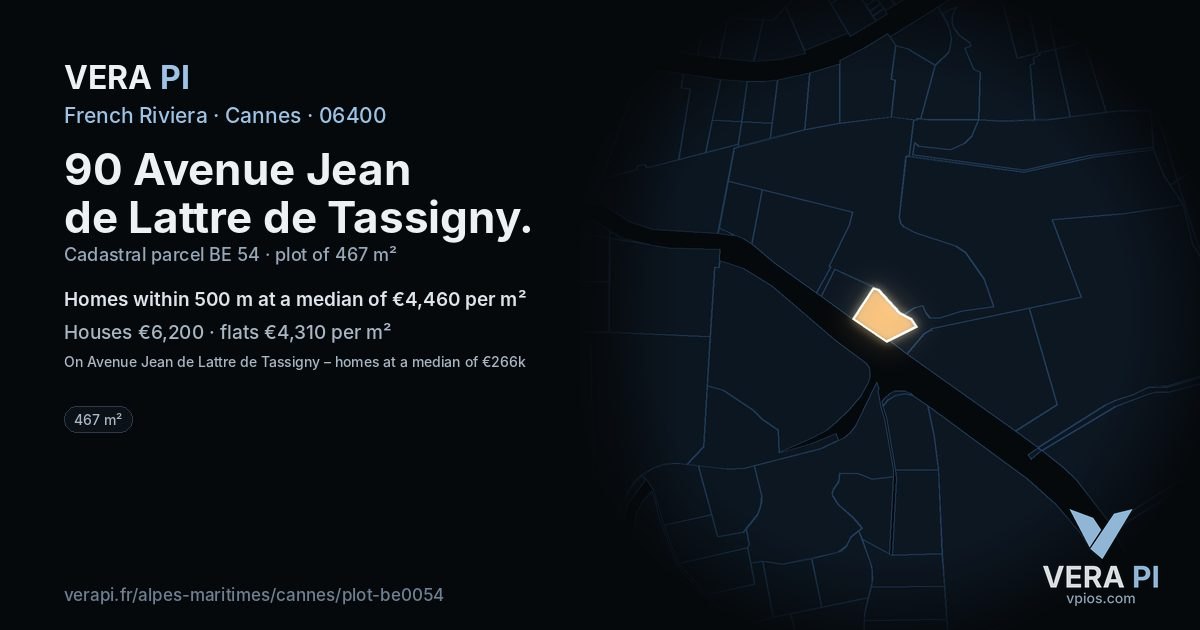 90 Avenue Jean de Lattre de Tassigny, Cannes at night – the plot lit, the parcels around coloured by the prices near them