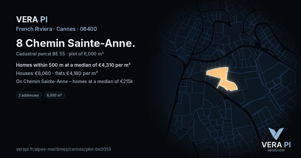 8 Chemin Sainte-Anne, Cannes at night – the plot lit, the parcels around coloured by the prices near them