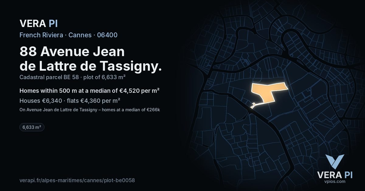 88 Avenue Jean de Lattre de Tassigny, Cannes at night – the plot lit, the parcels around coloured by the prices near them