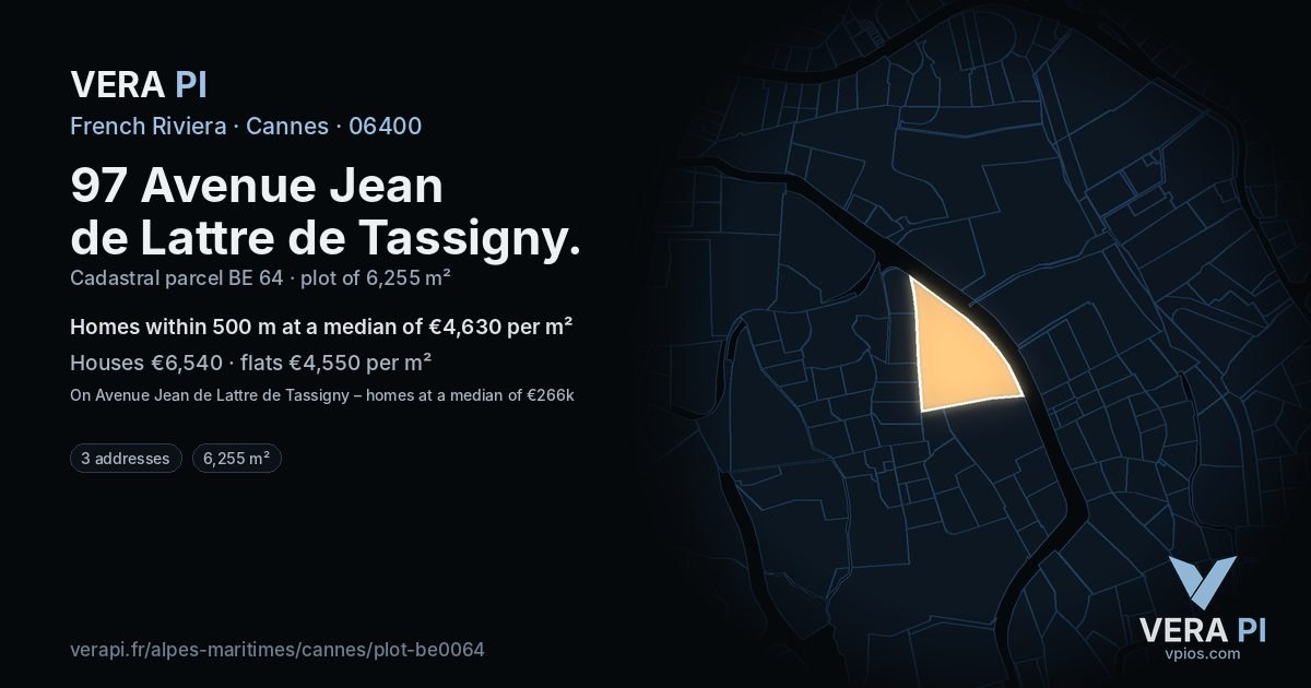97 Avenue Jean de Lattre de Tassigny, Cannes at night – the plot lit, the parcels around coloured by the prices near them