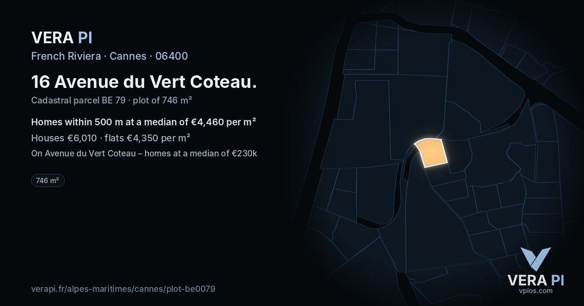 16 Avenue du Vert Coteau, Cannes at night – the plot lit, the parcels around coloured by the prices near them