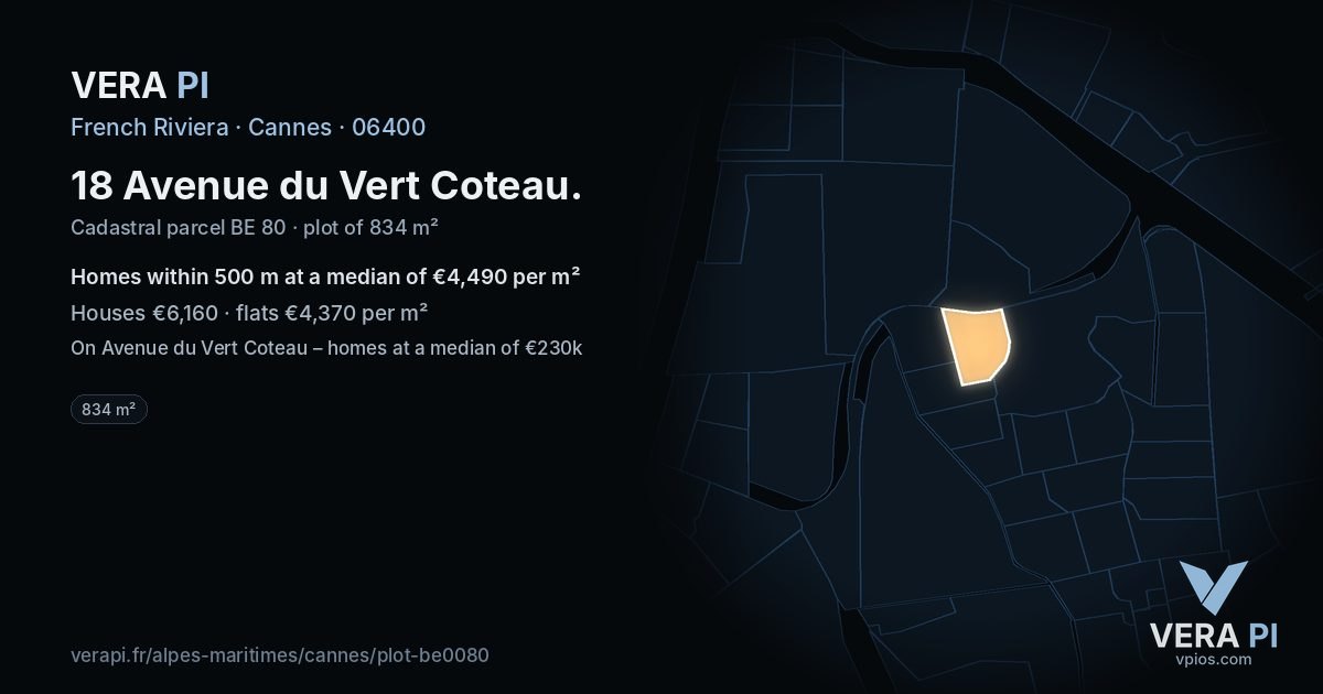 18 Avenue du Vert Coteau, Cannes at night – the plot lit, the parcels around coloured by the prices near them