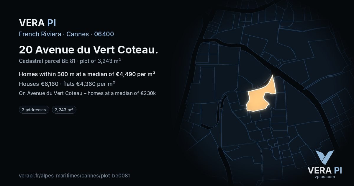 20 Avenue du Vert Coteau, Cannes at night – the plot lit, the parcels around coloured by the prices near them