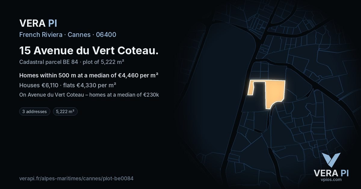 15 Avenue du Vert Coteau, Cannes at night – the plot lit, the parcels around coloured by the prices near them