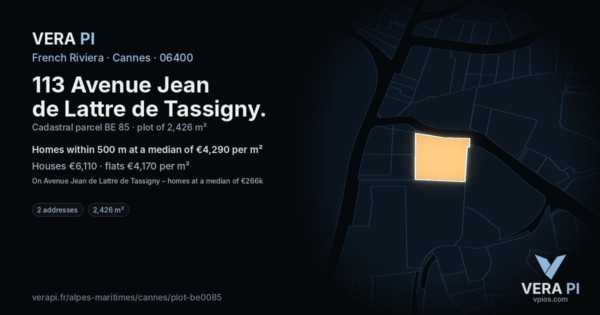 113 Avenue Jean de Lattre de Tassigny, Cannes at night – the plot lit, the parcels around coloured by the prices near them
