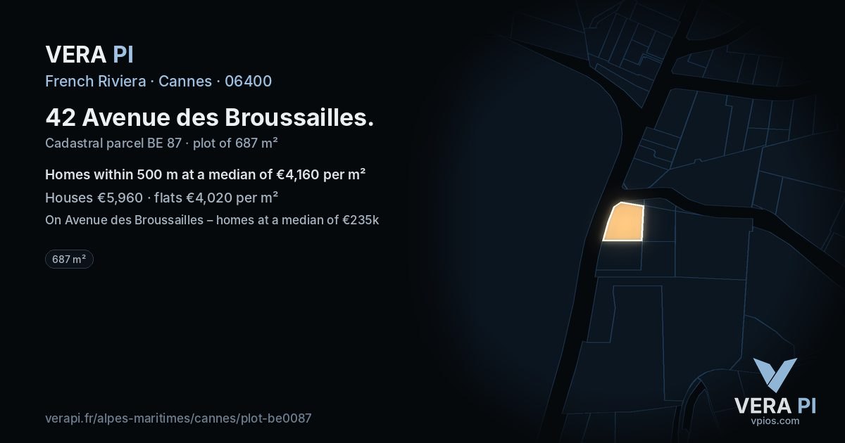 42 Avenue des Broussailles, Cannes at night – the plot lit, the parcels around coloured by the prices near them
