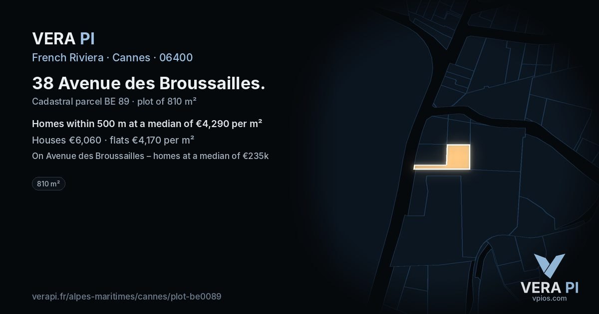 38 Avenue des Broussailles, Cannes at night – the plot lit, the parcels around coloured by the prices near them