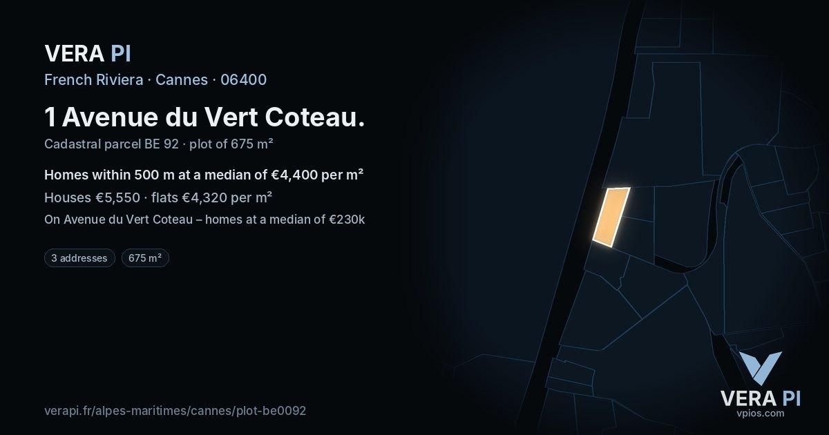 1 Avenue du Vert Coteau, Cannes at night – the plot lit, the parcels around coloured by the prices near them