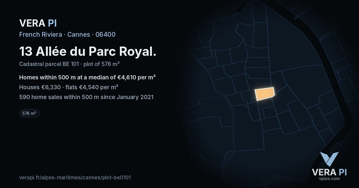 13 Allée du Parc Royal, Cannes at night – the plot lit, the parcels around coloured by the prices near them
