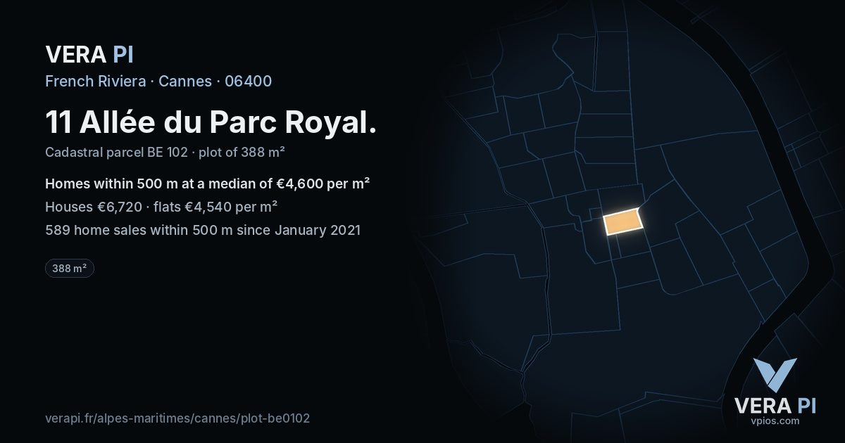 11 Allée du Parc Royal, Cannes at night – the plot lit, the parcels around coloured by the prices near them