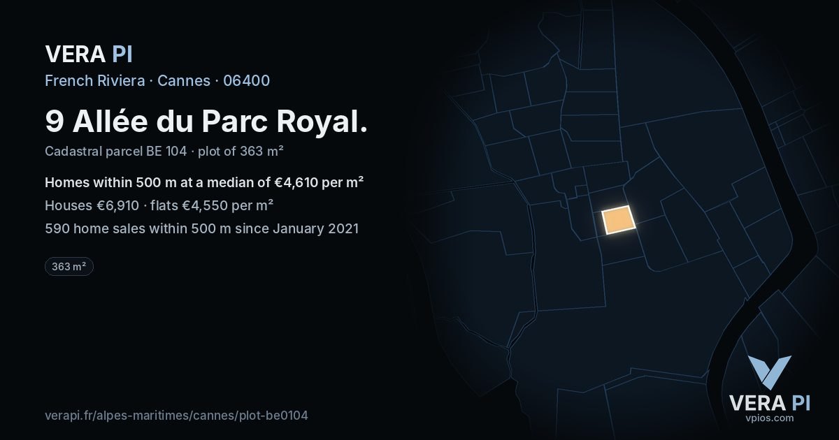 9 Allée du Parc Royal, Cannes at night – the plot lit, the parcels around coloured by the prices near them