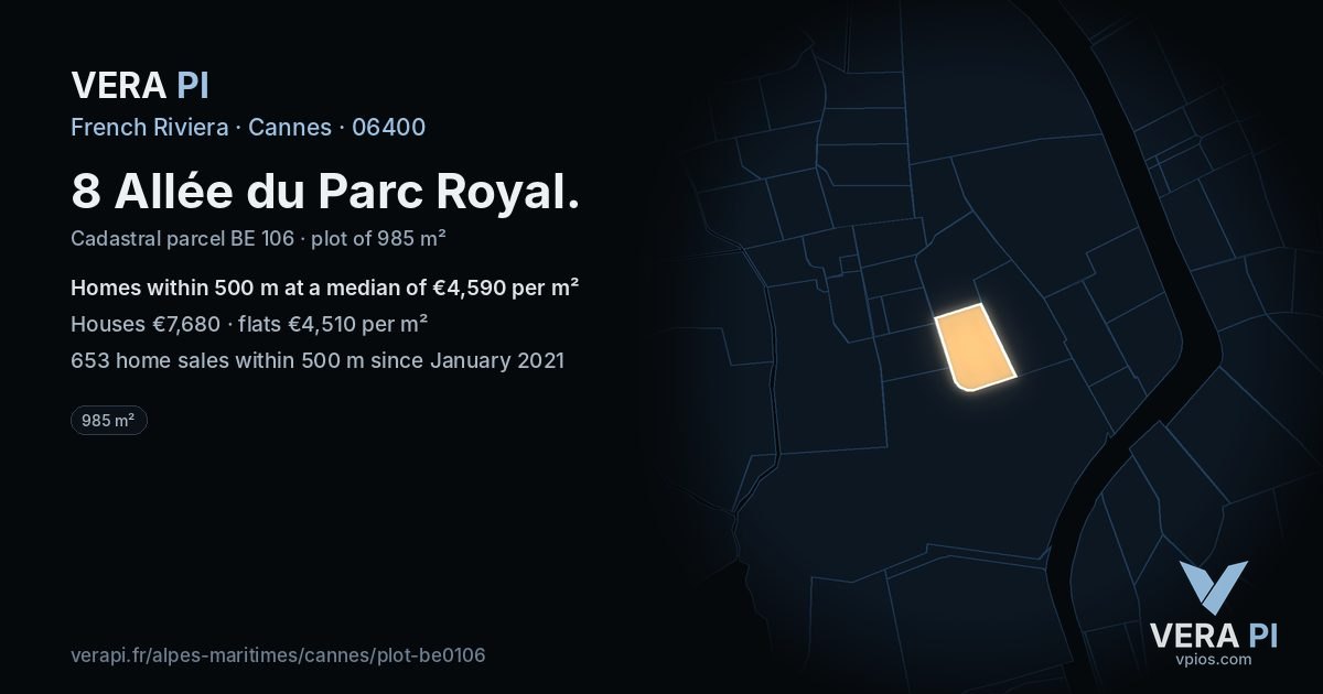 8 Allée du Parc Royal, Cannes at night – the plot lit, the parcels around coloured by the prices near them