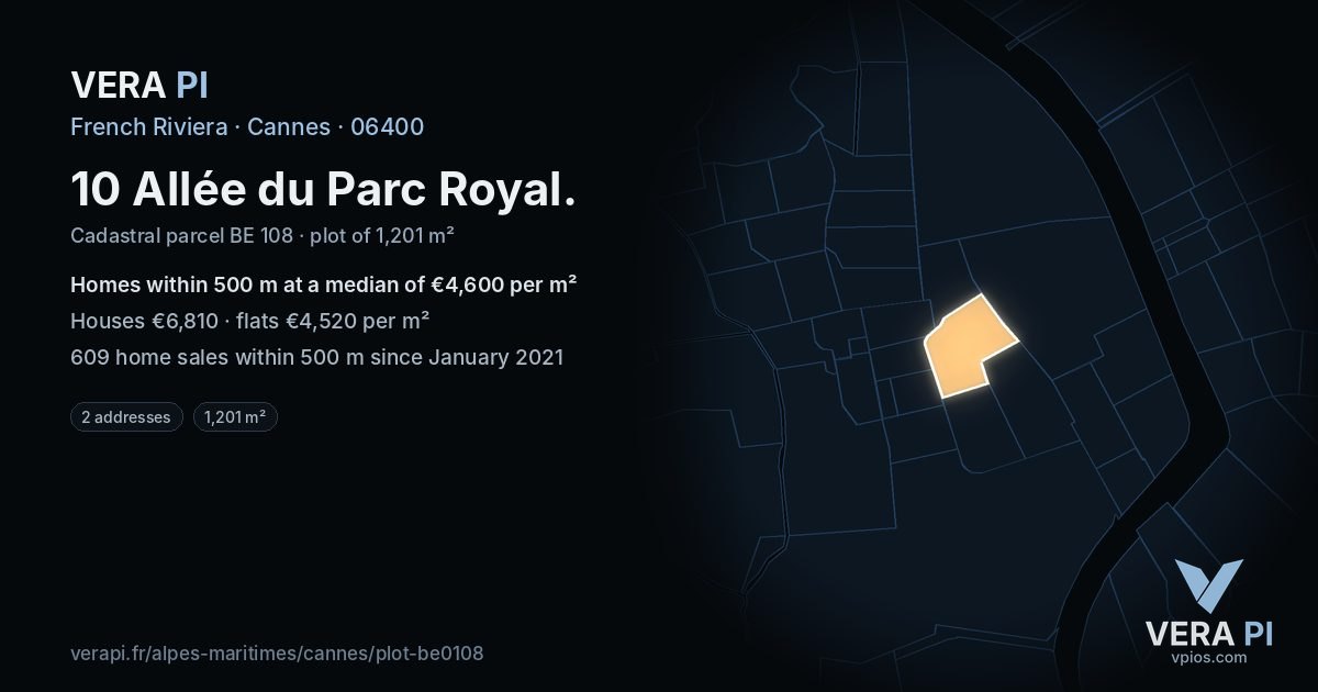 10 Allée du Parc Royal, Cannes at night – the plot lit, the parcels around coloured by the prices near them