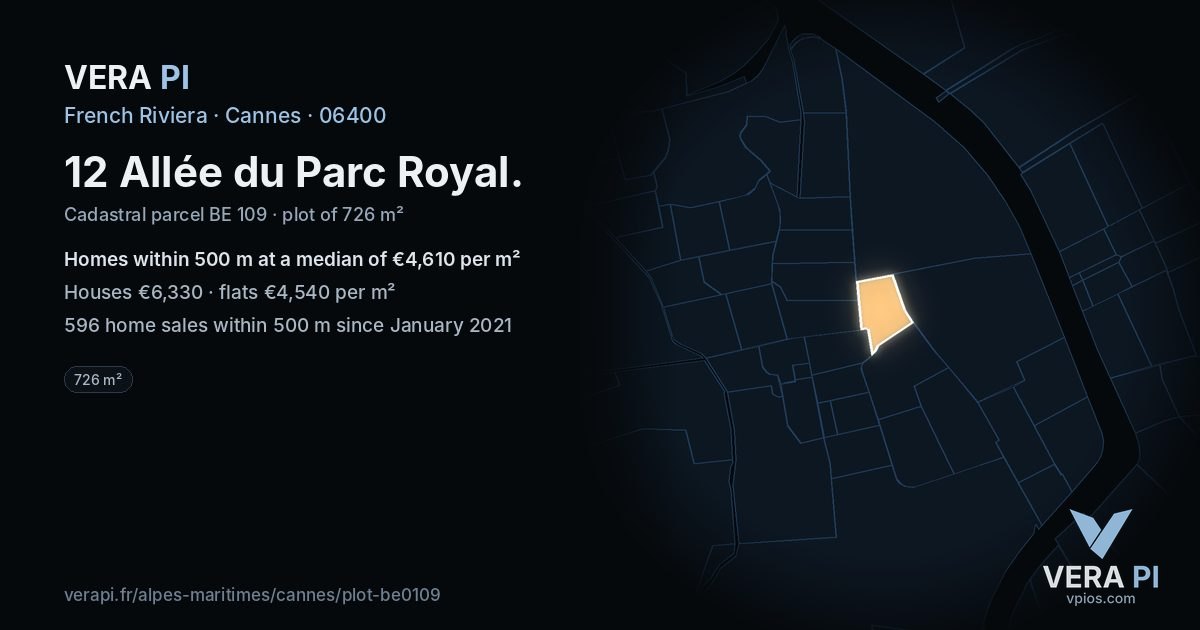 12 Allée du Parc Royal, Cannes at night – the plot lit, the parcels around coloured by the prices near them