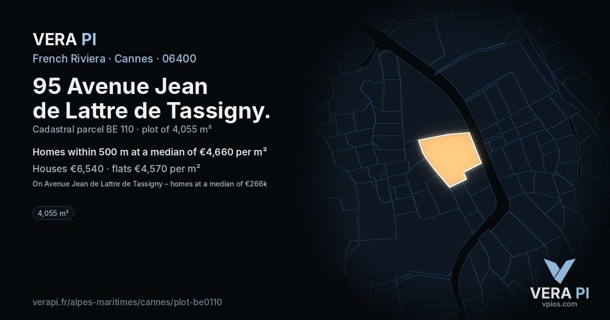 95 Avenue Jean de Lattre de Tassigny, Cannes at night – the plot lit, the parcels around coloured by the prices near them