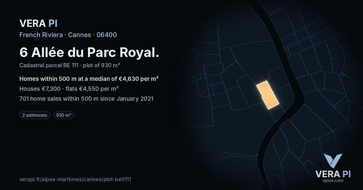 6 Allée du Parc Royal, Cannes at night – the plot lit, the parcels around coloured by the prices near them