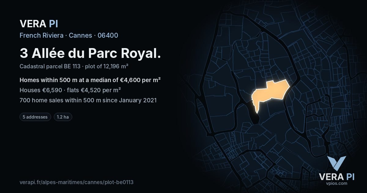3 Allée du Parc Royal, Cannes at night – the plot lit, the parcels around coloured by the prices near them